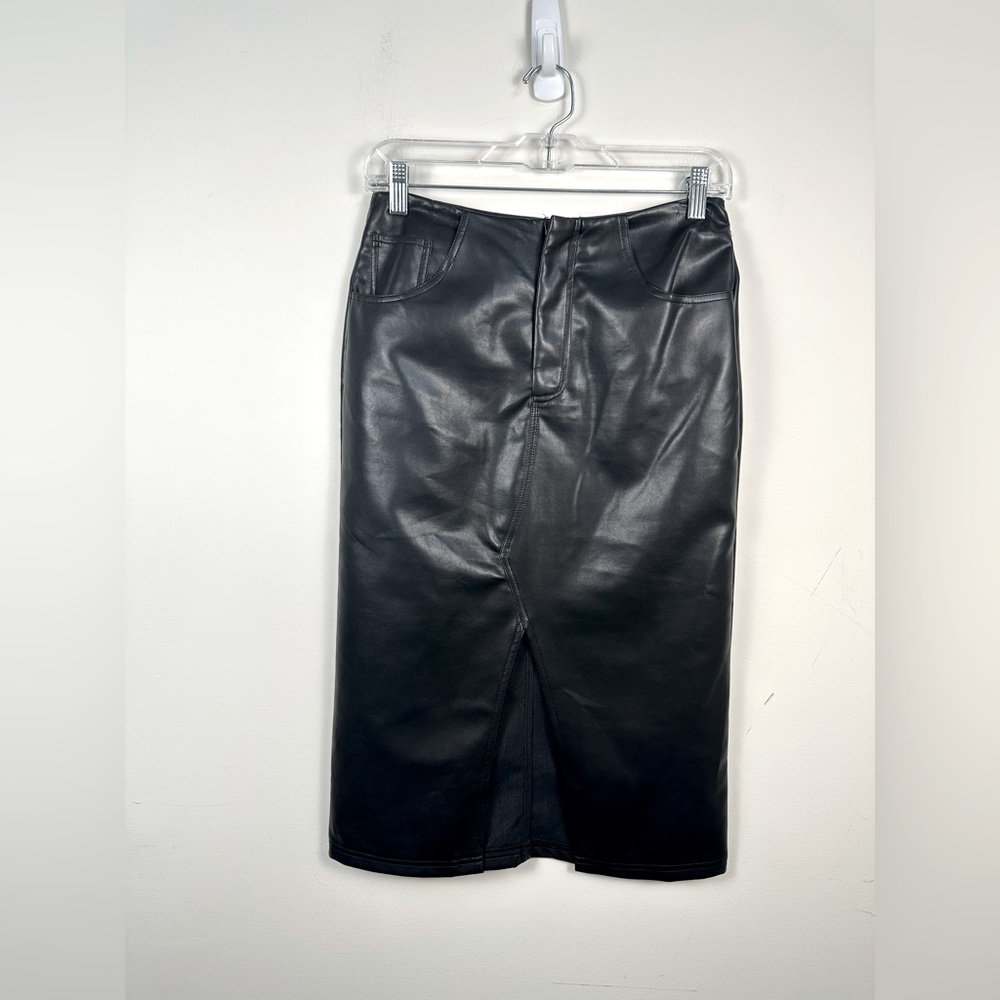 Elegant Black Faux Leather Pencil Skirt Edit By Nine Dark Romantic Slit Front